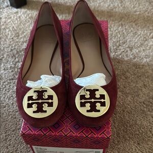 Tory Burch Red and Gold Flats with Signature Logo